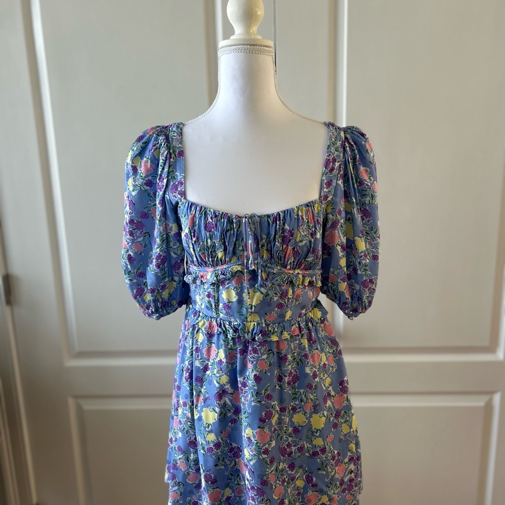 For Love And Lemons Charlene Puff Sleeve Blue Floral Dress